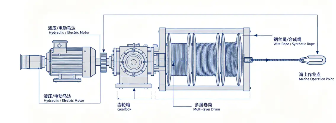 Diagram of the working principle of a waterfall-type winch Diagram of the working principle of a waterfall-type winch
