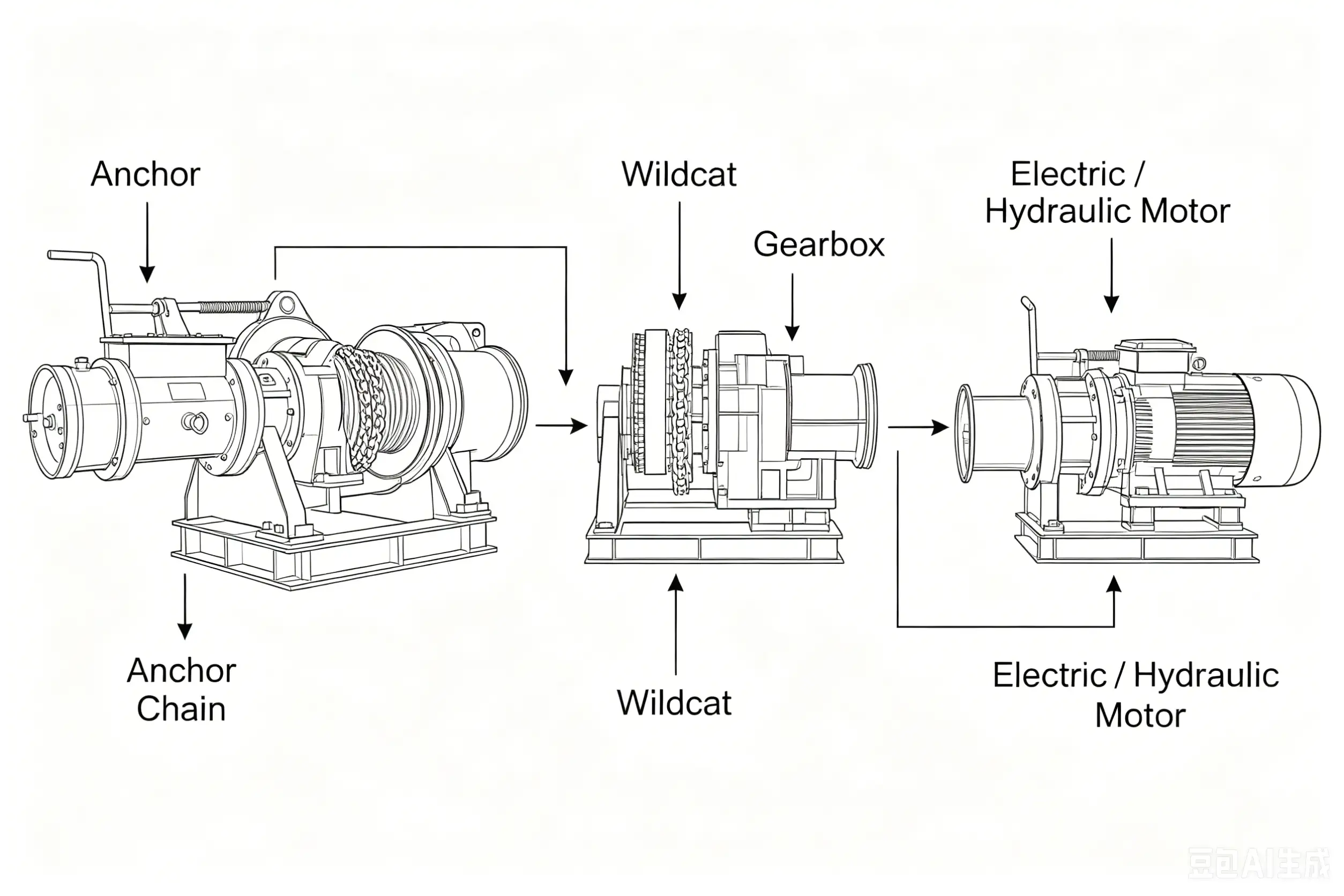 Schematic diagram of the anchor windlass operating principle Schematic diagram of the anchor windlass operating principle