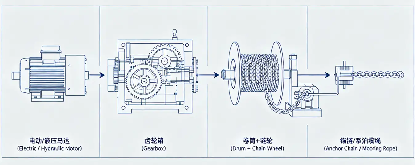 Schematic diagram of the working principle of an integrated mooring and anchoring winch Schematic diagram of the working principle of an integrated mooring and anchoring winch