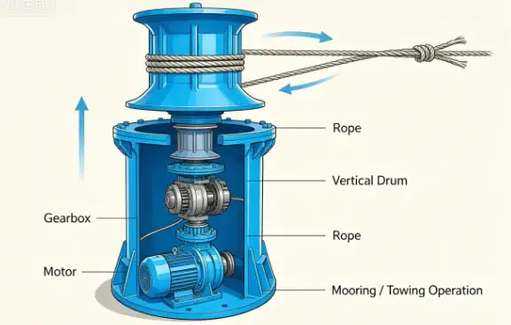 Working principle of a vertical capstan